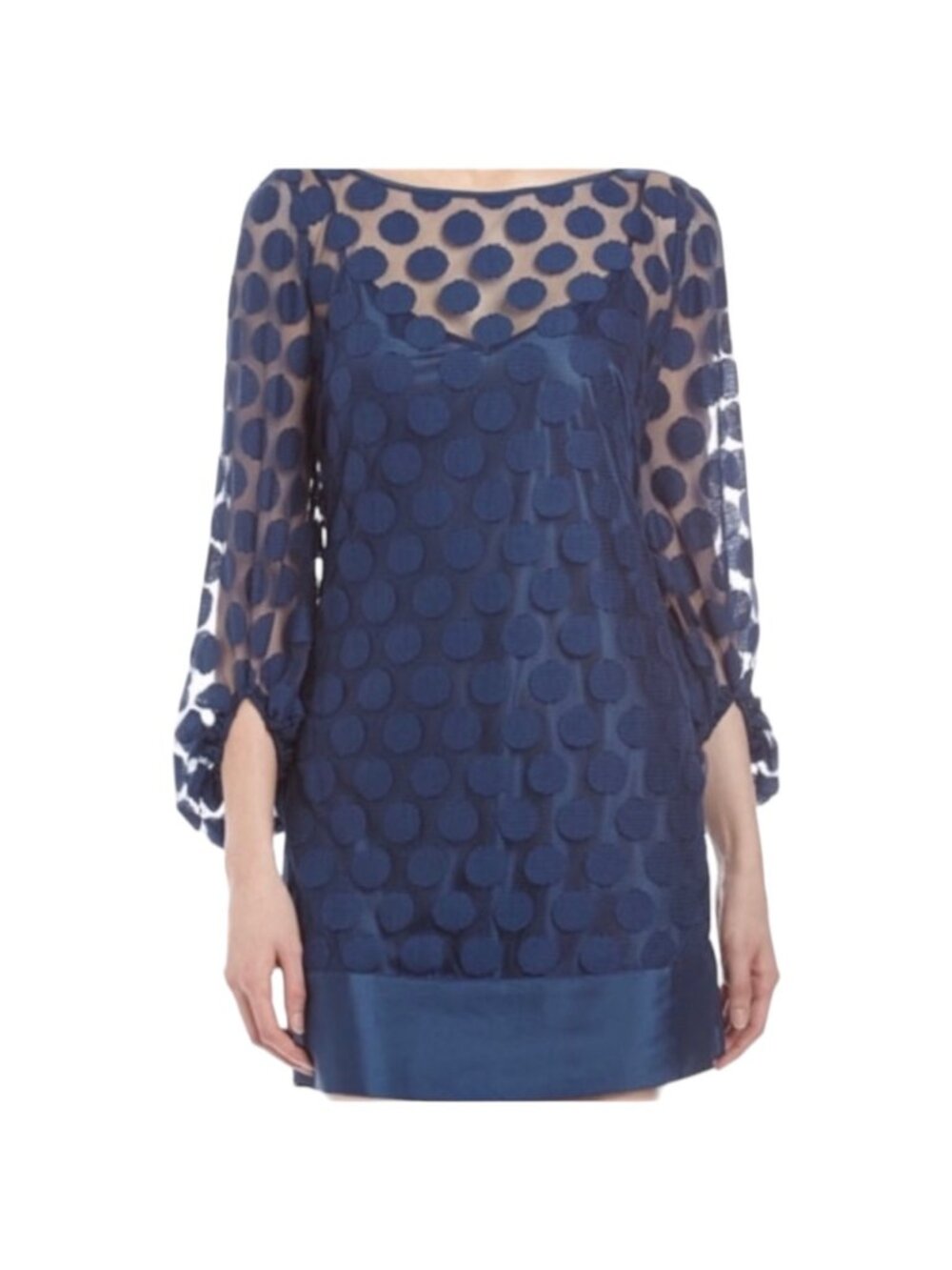 Laundry By Shelli Segal NWT Women's Blue Polka Dot Sheer Overlay Dress, Size 8